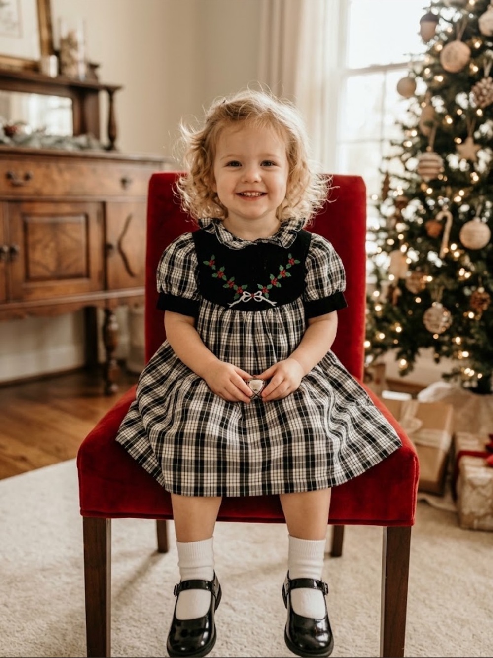 Vintage Just perfect Black & White Plaid Girls' Dress with Embroidered Black Yok